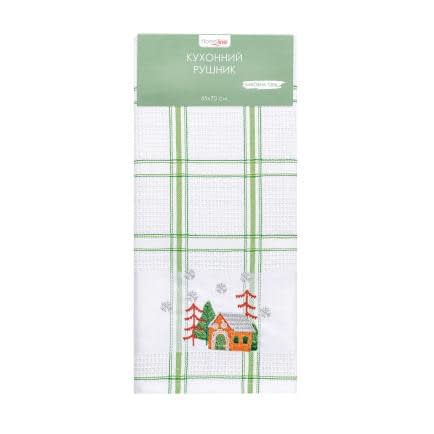 Полотенце вафельное Home Line (зелёная полоска, с вышивкой лес) 45x70см 180064
