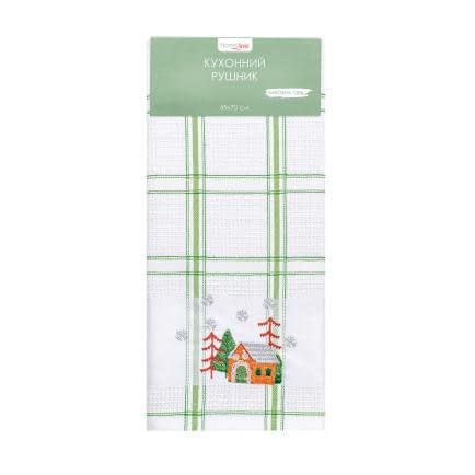 Фото -Полотенце вафельное Home Line (зелёная полоска, с вышивкой лес) 45x70см 180064