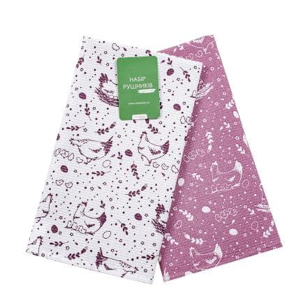 Фото -Набір вафельних кухонних рушників Курочки 45х60 біло-ліловий 183182
