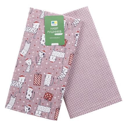 Фото -Набір кухонних рушників Святкові коти 40х60 фрезовий 192703