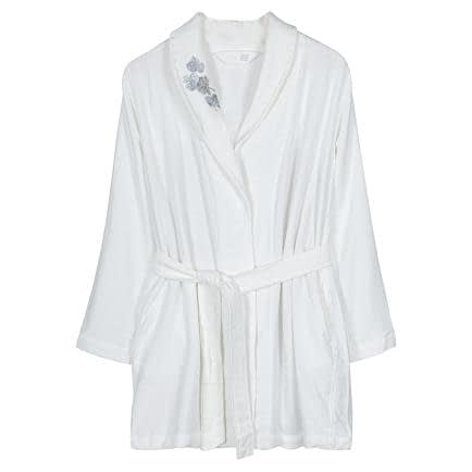 Фото -Халат махровий шалевий комір з вишивкою "З листочками" (білий) S 160862