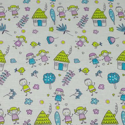 Фото -Бязь набивна "Дівчатка та хлопчики" салатова 150см (120 г/м2) 154289