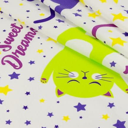 Фото -Бязь набивна "Коти" фіолетово-лаймова 150см (140г/м2) 155490